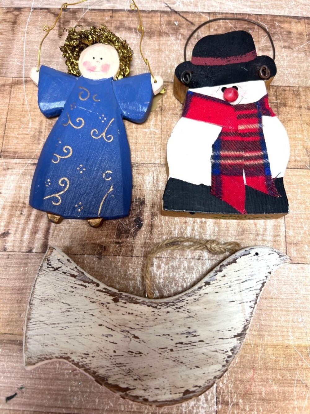 3 Vtg Wooden Christmas Ornaments Set Dove Snowman Angel Handcrafted Rustic